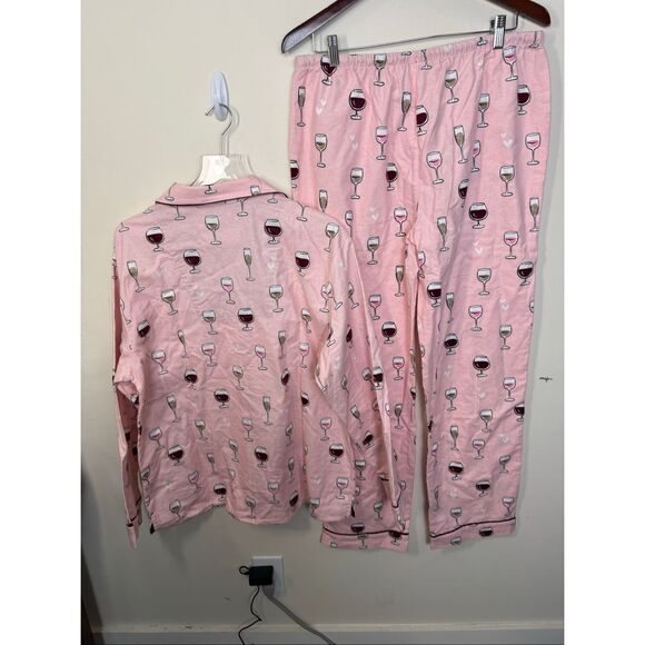 PJ Salvage Pink Wine Glass Print 100% Cotton Pajama Set Size Large Button Down L - Picture 5 of 6